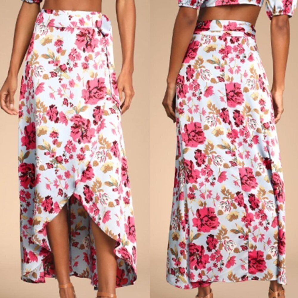 Lulu's Women's Floral Print‎ Wrap High Low Midi Party Skirt Red Blue